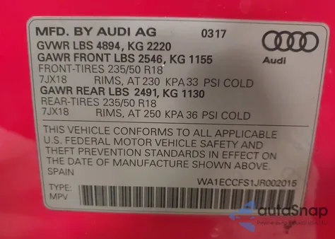 2018 Audi Q3 2.0T Premium/2.0T Sport Premium z USA, uszkodzony, nr VIN WA1ECCFS1JR002015